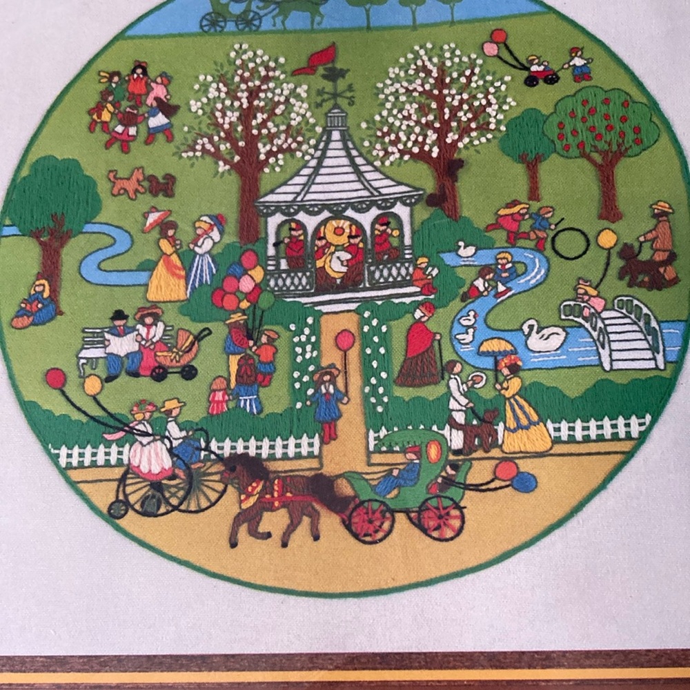 Vintage 1981 Sunset Stitchery “old times, good times” 16 x 16 wool.